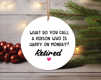 Pensioenornament, wit keramisch ornament, pensioen cadeau-idee, rond ornament, cadeau voor pensioen
