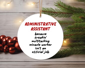Ornament administratief medewerker, wit keramisch ornament, cadeau-idee voor assistent, rond ornament, cadeau voor administratief medewerker