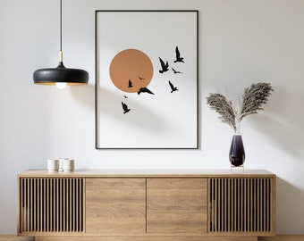 Sun and Bird Print | Flock Of Birds, Printable Art, Flying Birds Over Sun, Boho Abstract  Modern Decor | Wall Art |  Illustration