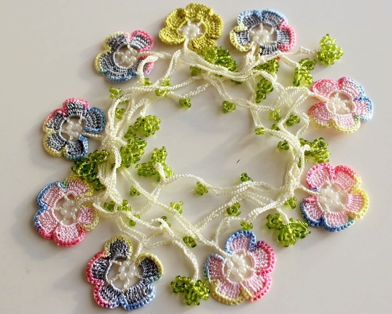 Oya Flower Crochet Green Beads Necklace Oya Apple Blossom Etsy