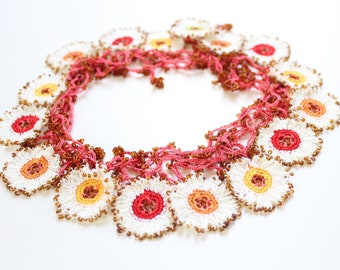 Boho Blossoms: Handcrafted Daisy and Oya Flower Crochet Necklace with Beaded Accents