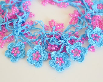 Blue flower necklace, Blue and pink jewelry, Crochet Necklace, Boho Flowers Wrap, Gift For Sisters,Flower Girl Jewelry