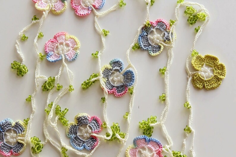 Oya Flower Crochet Green Beads Necklace Oya Apple Blossom Etsy
