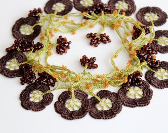 Crochet necklace, Boho Flowers Wrap, Boho Brown Wrap, Oya Beaded Lariat Jewellery, crochet jewelry
