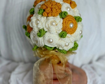 Bouquet da sposa, Bouquet da sposa di Crochet, eterna Bouquet da sposa, Wedding bouquet di tessuto, fiore giallo, bouquet di fiori di perle