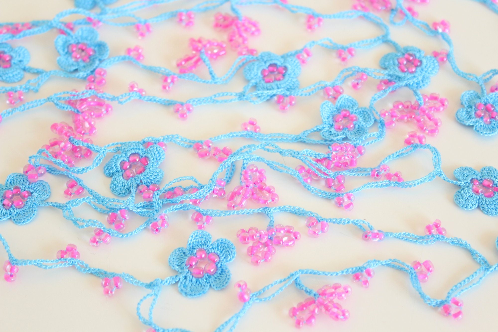 Blue Flower Necklace Blue and Pink Jewelry Crochet Necklace - Etsy