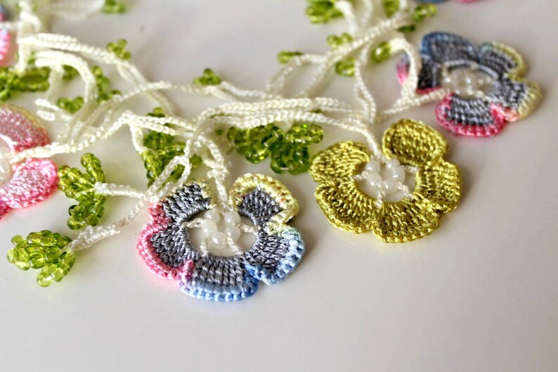 Oya Flower Crochet Green Beads Necklace Oya Apple Blossom Etsy