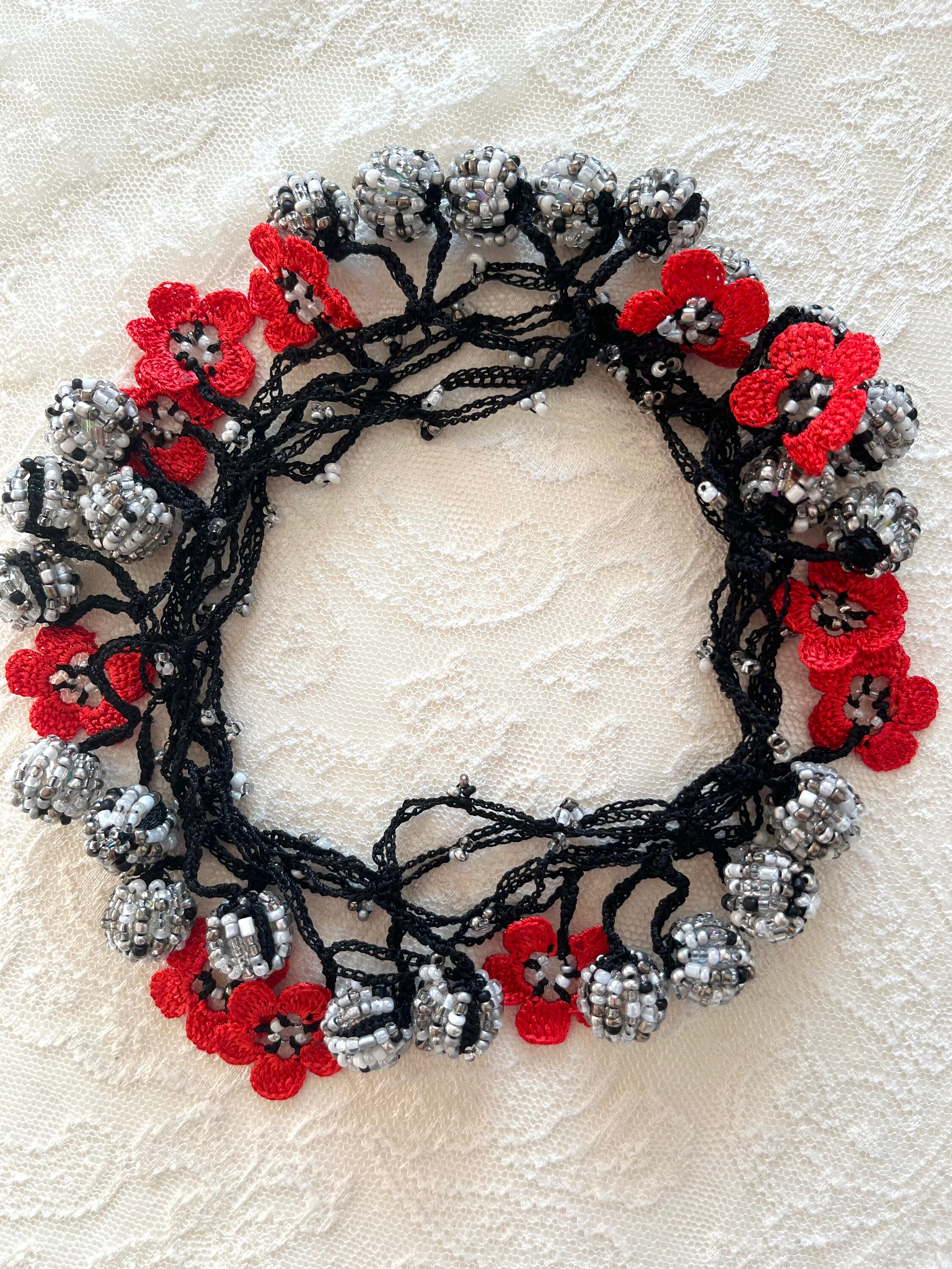 Flower necklace, Cherry Crochet Necklace, Oya Beaded Crochet Jewelry, Beadwork Crochet Jewelry, Unique Gift For Women