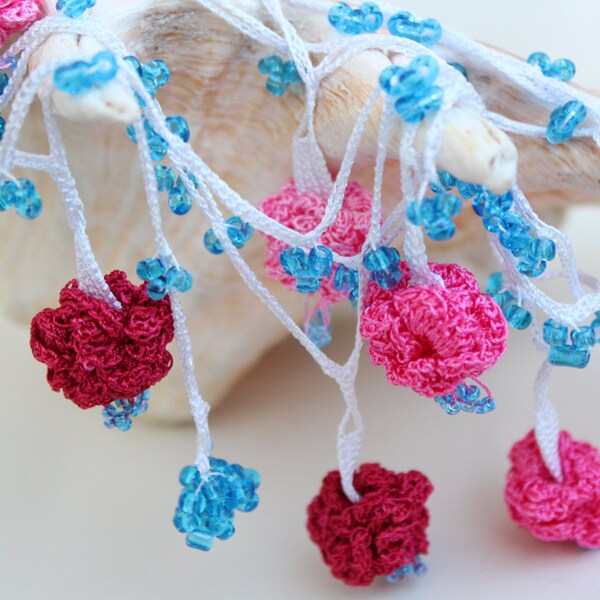 Pink Oya Necklace, Jewelry Beadwork, Carnation Crochet Necklace, Turkish Oya