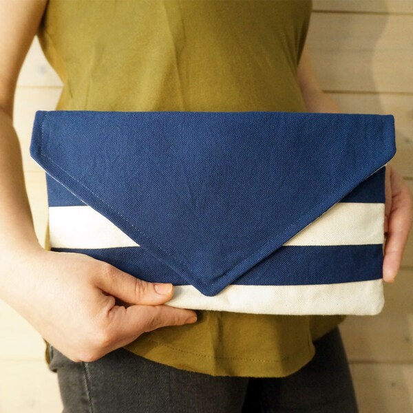 Clutch bag/ envelope bag  - navy blue/ ivory white striped