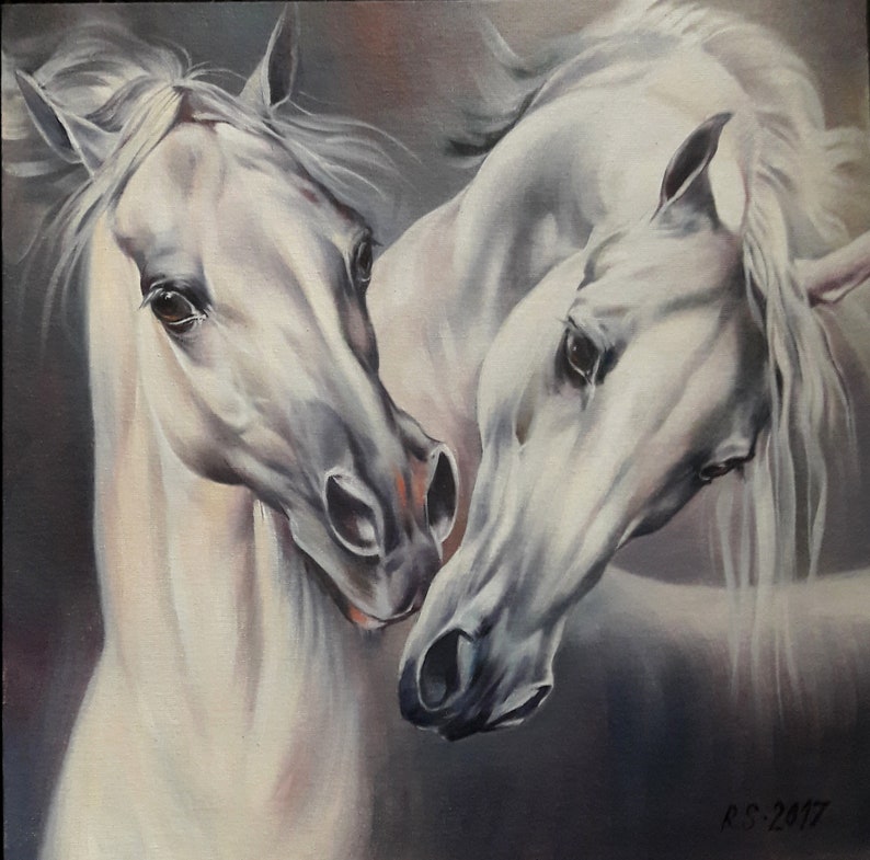 3 White Horses painting 11.6x11.6 inches Art Print from the Etsy