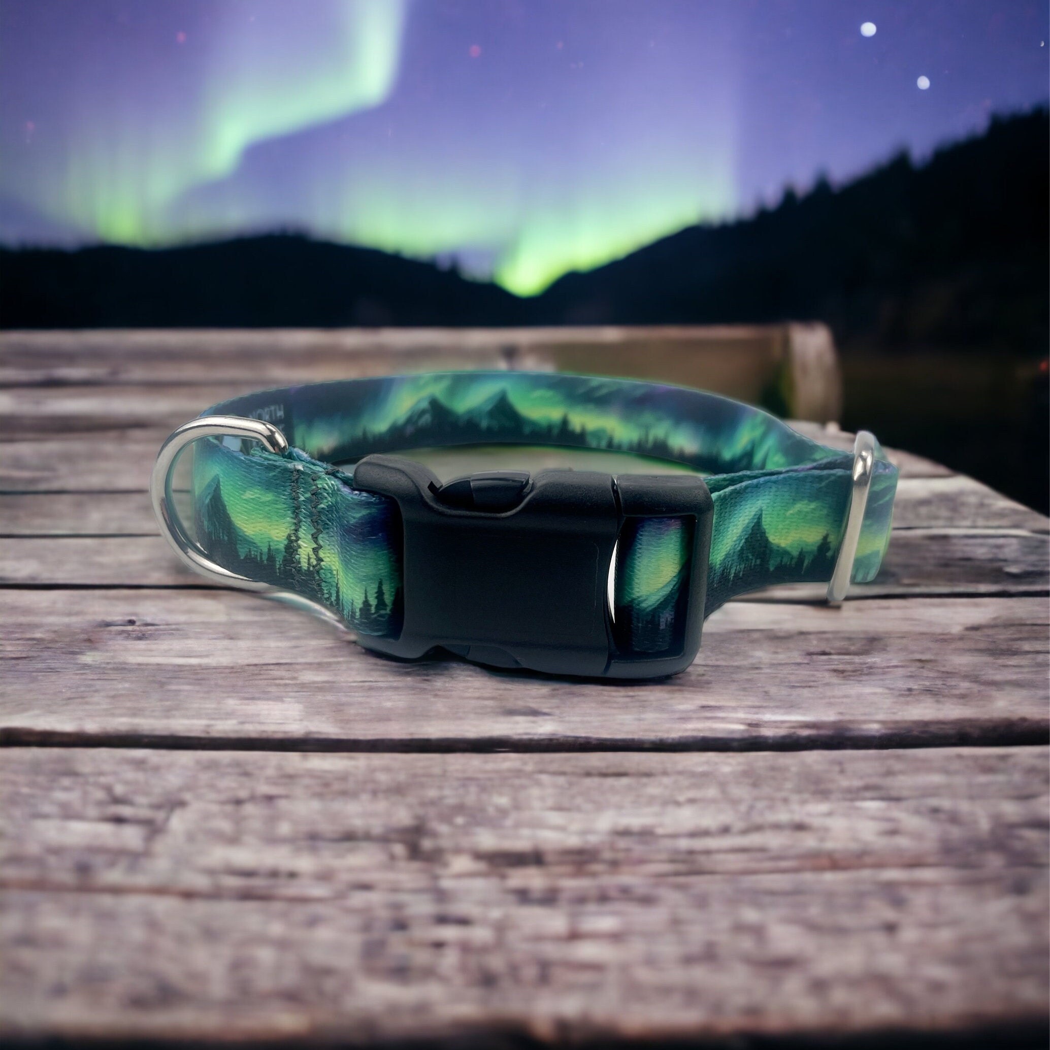 Dog Collar with the northern lights, custom dog collar, adjustable and heavy-duty, gift for dog, puppy collar, Silent dog tag, hiking