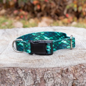 Green Dragon Dog Collar, quick release dragon scale collar, gift for dog lover or bookish fantasy reader, personalize with dog's info