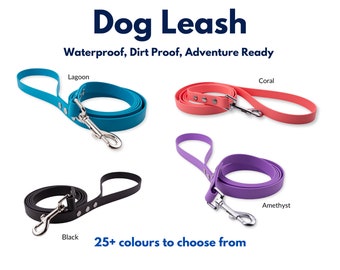 Peut inclure: Quatre laisses pour chien de différentes couleurs : lagon, corail, noir et améthyste. Les laisses sont fabriquées dans un matériau imperméable et résistant à la saleté. Le texte "Dog Leash" et "Waterproof, Dirt Proof, Adventure Ready" est affiché en haut de l’image. Le texte "25+ couleurs au choix" est affiché en bas de l’image.