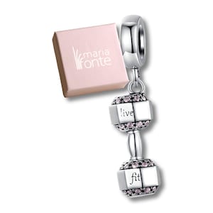 MariaFonte Bead Charm Pendant Dumbbell Weight Pendant in Silver with &#39;Live Fit&#39; writing Compatible with all Bracelets and Necklaces