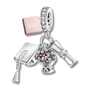 MariaFonte Bead Charm Pendant Graduation Diploma Flowers Parchment in Silver Compatible with all Bracelets and Necklaces