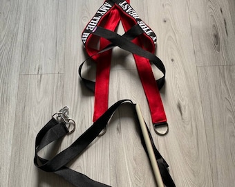 May include: Red and black exercise straps with the text "I AM THE BEAST" printed on them. The straps are attached to a white wooden dowel.