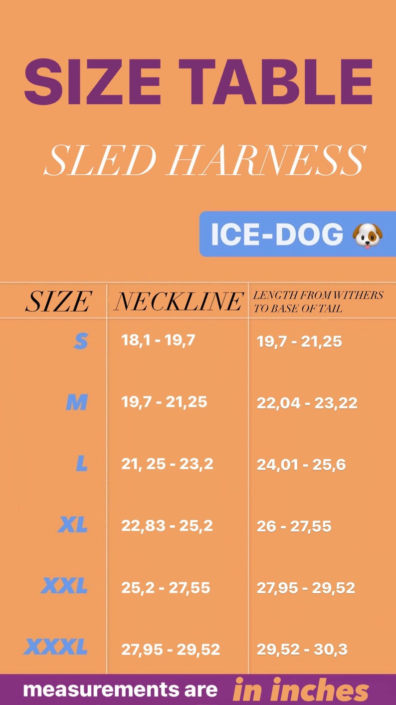 以下が含まれることがあります： 犬用のそりハーネスのサイズチャートで、インチで測定されています。チャートには、サイズ、首回り、肩甲骨から尾の付け根までの長さが示されています。チャートには「ICE-DOG」と表示されています。