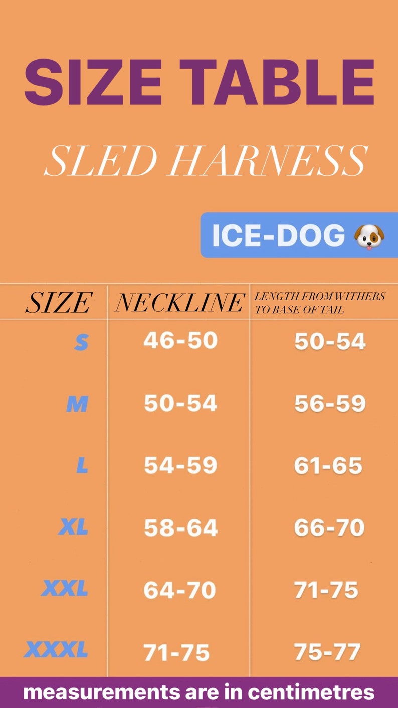 以下が含まれることがあります： 犬用のそりハーネスのサイズ表。首回り、肩甲骨から尾の付け根までの長さの寸法はセンチメートルで表示されています。サイズはS、M、L、XL、XXL、XXXLです。