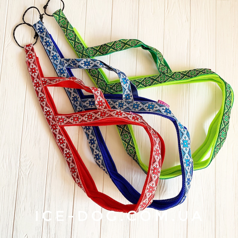 May include: Three colorful dog leashes with geometric patterns. The leashes are red, blue, and green with white accents.