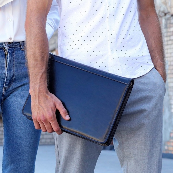 Schwarze Leder Mappe mit Reißverschluss, Ledermappen für Ihn, Dokumententasche für Männer, Promotion Geschenk, A4 Halter, Geschenk zum Abschluss