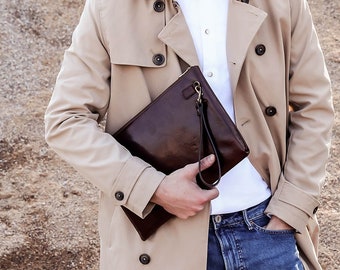 Brown Leather Organizer for Men, Clutch Bag, Full Grain Leather Men's Portfolio, Wrist Bag, Personalized Purse, Anniversary Gift for Him