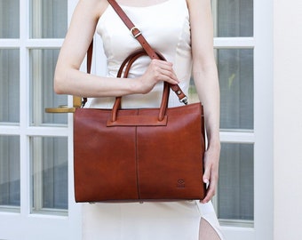 Leather Handbag with Large Handle, Leather Shoulder Bag, Work Bag Women, Leather handbag with Crossbody Strap, Mothers Day Gift