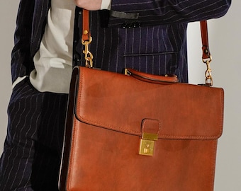 Full-Grain Leather Briefcase, Minimalist Laptop Messenger Bag, Vegetable Tanned Tan, Graduation Gift