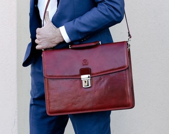 Red Leather Briefcase, Messenger Bag, Shoulder Bag, 15 inch Laptop Case, Laptop Bag, Unisex Leather Handle Bag, Birthday Gift for Him