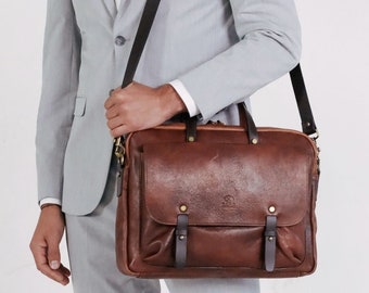 Brown Leather Messenger Bag for Men, Leather Briefcase, Genuine Leather Bag, 15 inch Laptop Bag, Shoulder Bag, Birthday Gift for Him