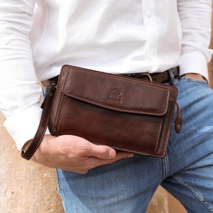 Cartera de piel marrón para hombre, organizador para hombre, bolso de muñeca de piel flor, monedero personalizado, regalo de cumpleaños para él.
