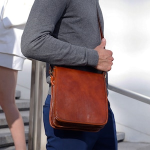 Tan Leather Messenger Bag for Men, Light Brown Cross body Bag, Small Leather Courier Bag, Birthday Gift for Him