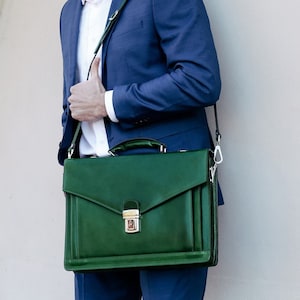 Green Leather Briefcase for Men, Personalized Bag, 15 inch Laptop Bag, Shoulder bag, Anniversary Gift for Him, Graduation Gift