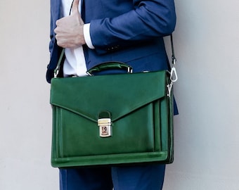 Green Leather Briefcase for Men, Personalized Bag, 15 inch Laptop Bag, Shoulder bag, Anniversary Gift for Him, Graduation Gift