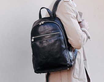 Leather Backpack, Black Leather Rucksack, Travel Backpack, 13 inch Laptop Bag for Men, Birthday Gift for Him, Backpack with Pockets