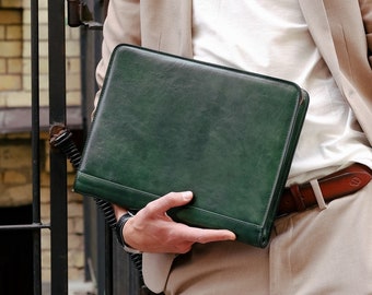 Green Leather Padfolio with Zipper, Personalized Leather Portfolio, Letter Size Organizer, Portfolio for Men, A4 Holder, Graduation Gift