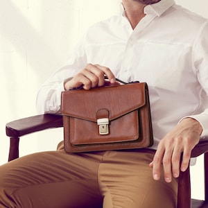 Small Leather Briefcase, Clutch Bag, Leather Shoulder Bag, Personalized Purse, Small Work Bag, Christmas Gift for Him, Tan