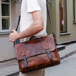 Leather Messenger Bag, Tan Shoulder Bag, Leather Travel Purse, Back to School Gift For Him, Genuine Leather Satchel, Brown Briefcase
