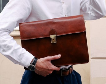 Brown Leather Portfolio, Mens Leather Briefcase, Full Grain Leather Document Case, Leather 13 inch Laptop Bag, Leather Document Folder