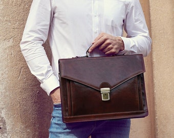 Full Grain Leather Briefcase for Men, Personalized Bag, 15" Laptop Bag, Shoulder bag, Valentines Day Gift for Him - The Magus