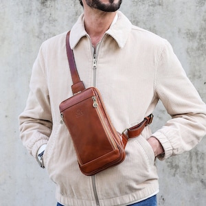 brown leather sling bag chest  bag