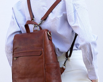 Leather Backpack, Convertible Shoulder Bag, Birthday Gift for Her, Genuine Leather Rucksack, Travel Bag, Work Bag, Back to School Gift