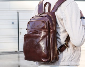 Leather Backpack for Men, Brown Rucksack, Back to School Gift for Men, Genuine Leather Travel Bag, 15 inch Laptop Bag, Boyfriend Gift