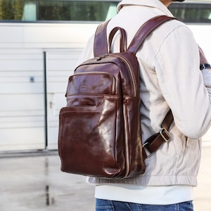 Sac à dos en cuir pour homme, sac à dos marron, cadeau de rentrée des classes pour homme, sac de voyage en cuir véritable, sac pour ordinateur portable 15 pouces, cadeau petit ami
