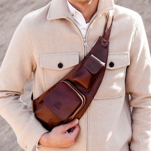 brown leather sling bag chest bag for men