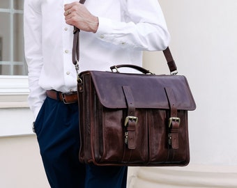 Large Messenger Bag for Men, Leather Briefcase, Genuine Leather Bag, 15 inch Laptop Bag, Shoulder Bag, Men's Satchel, Promotion Gift for Men