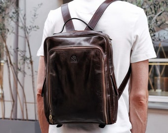 Leather Backpack for Men, 13 inch Laptop Bag, Personalized Gift, Genuine Leather Rucksack, Brown Travel Bag, Anniversary Gift for Boyfriend