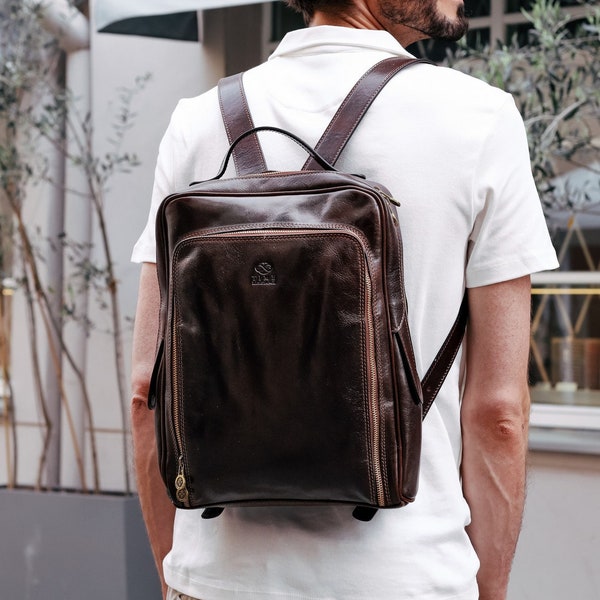 Leather Backpack for Men, 13 inch Laptop Bag, Personalized Gift, Genuine Leather Rucksack, Brown Travel Bag, Anniversary Gift for Boyfriend