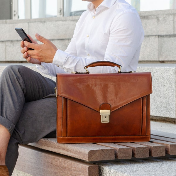 Lawyer Briefcase for Men, 15 inch Laptop Portfolio, Brown Leather Attache, Business Bag, Promotion Gift, Shoulder Bag, Graduation Gift