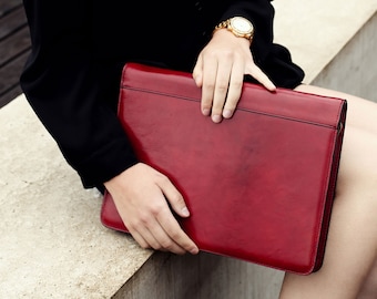 Red Leather Portfolio, Letter Size Organizer Folders, Red Leather Padfolio with Zipperer,  A4 Holder, Back to School Gift for Her